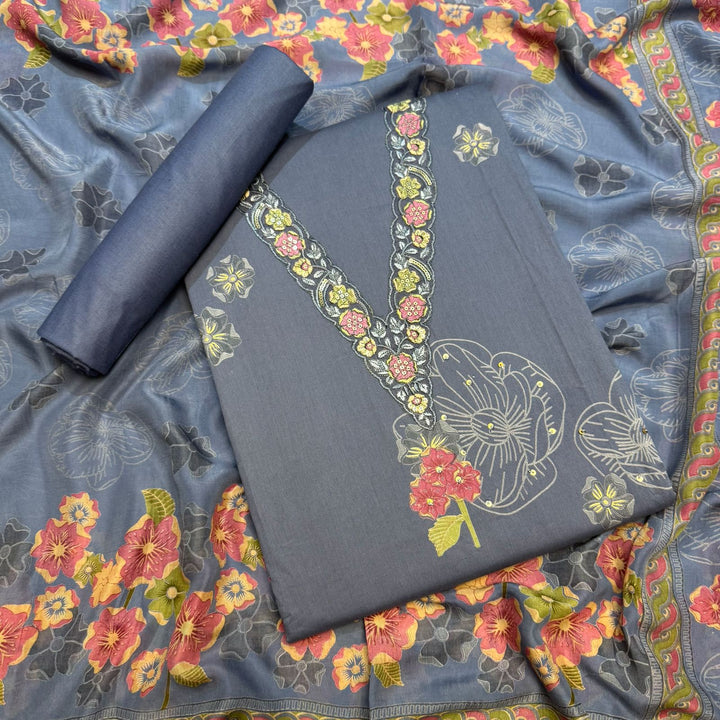 Elegent Modal Cotton Embroidered Unstitched Suit Set With Beautiful Floral Dupatta - PSC464-01