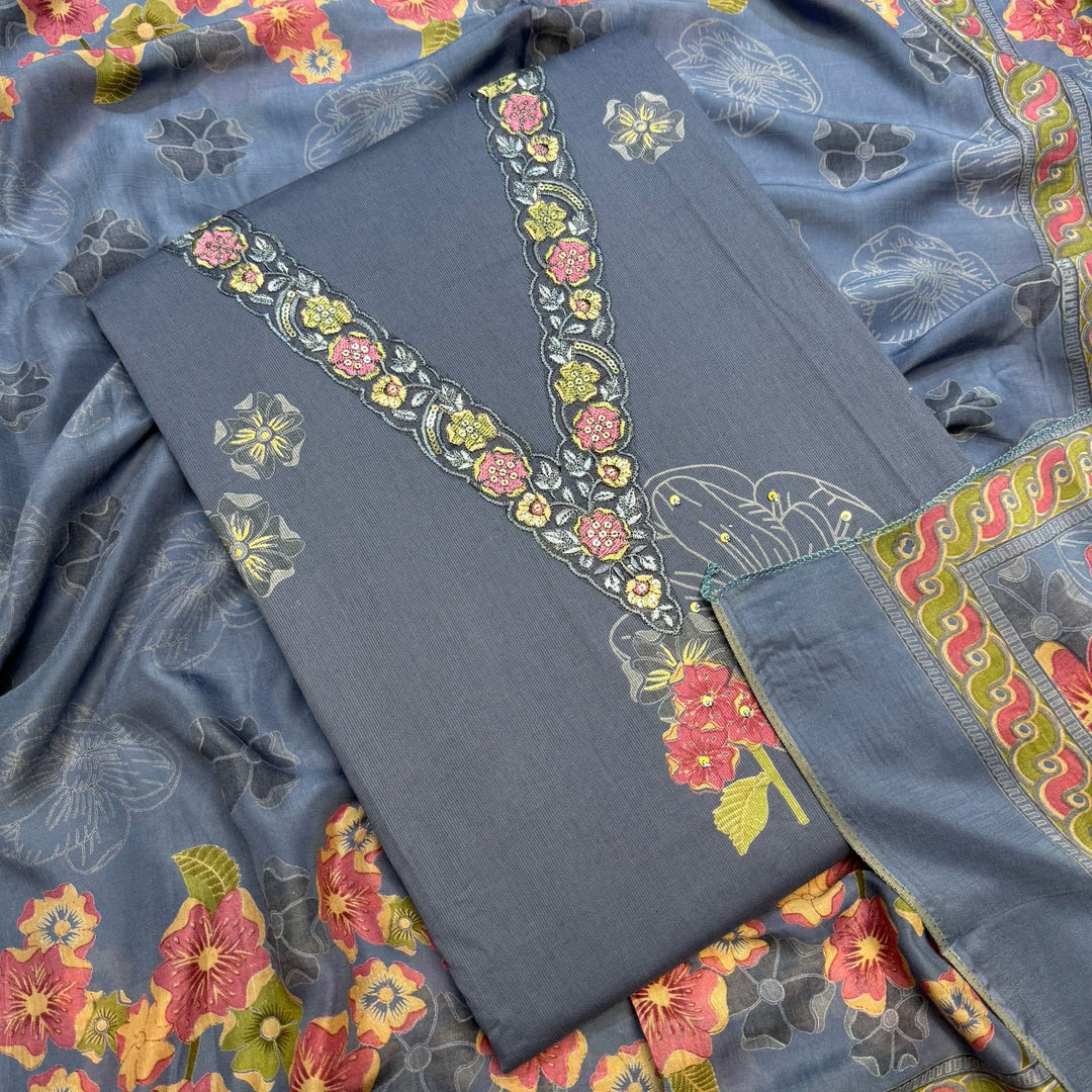 Elegent Modal Cotton Embroidered Unstitched Suit Set With Beautiful Floral Dupatta - PSC464-01
