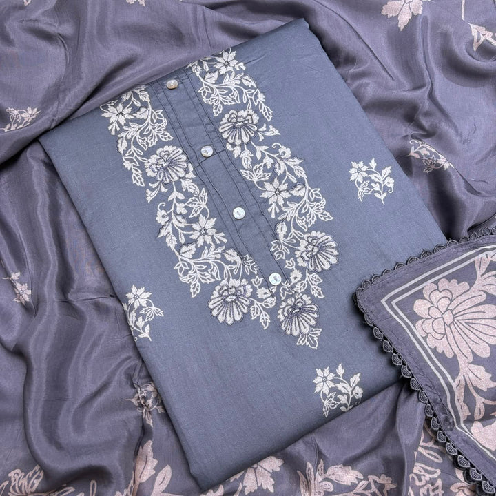 Elegant Floral Printed Modal Cotton Unstiched Suit Set With Stylish Neck Pattern - PSC801-A