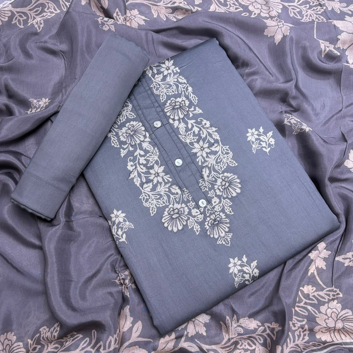Elegant Floral Printed Modal Cotton Unstiched Suit Set With Stylish Neck Pattern - PSC801-A
