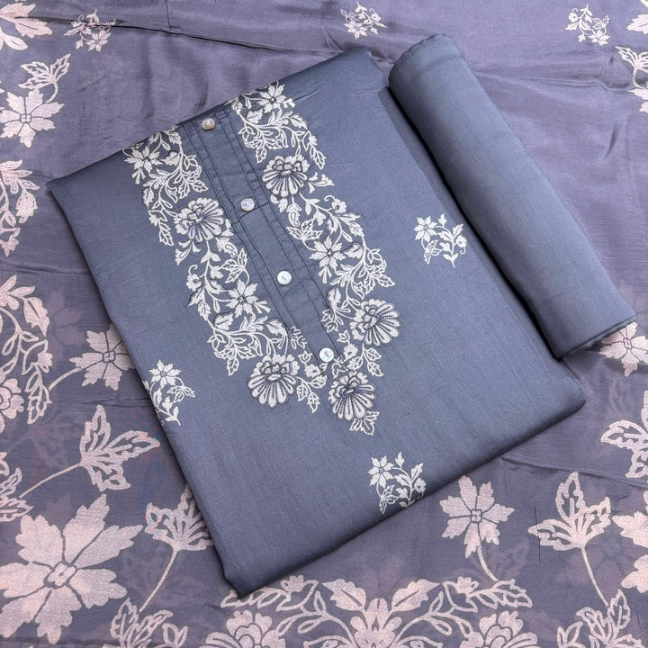 Elegant Floral Printed Modal Cotton Unstiched Suit Set With Stylish Neck Pattern - PSC801-A