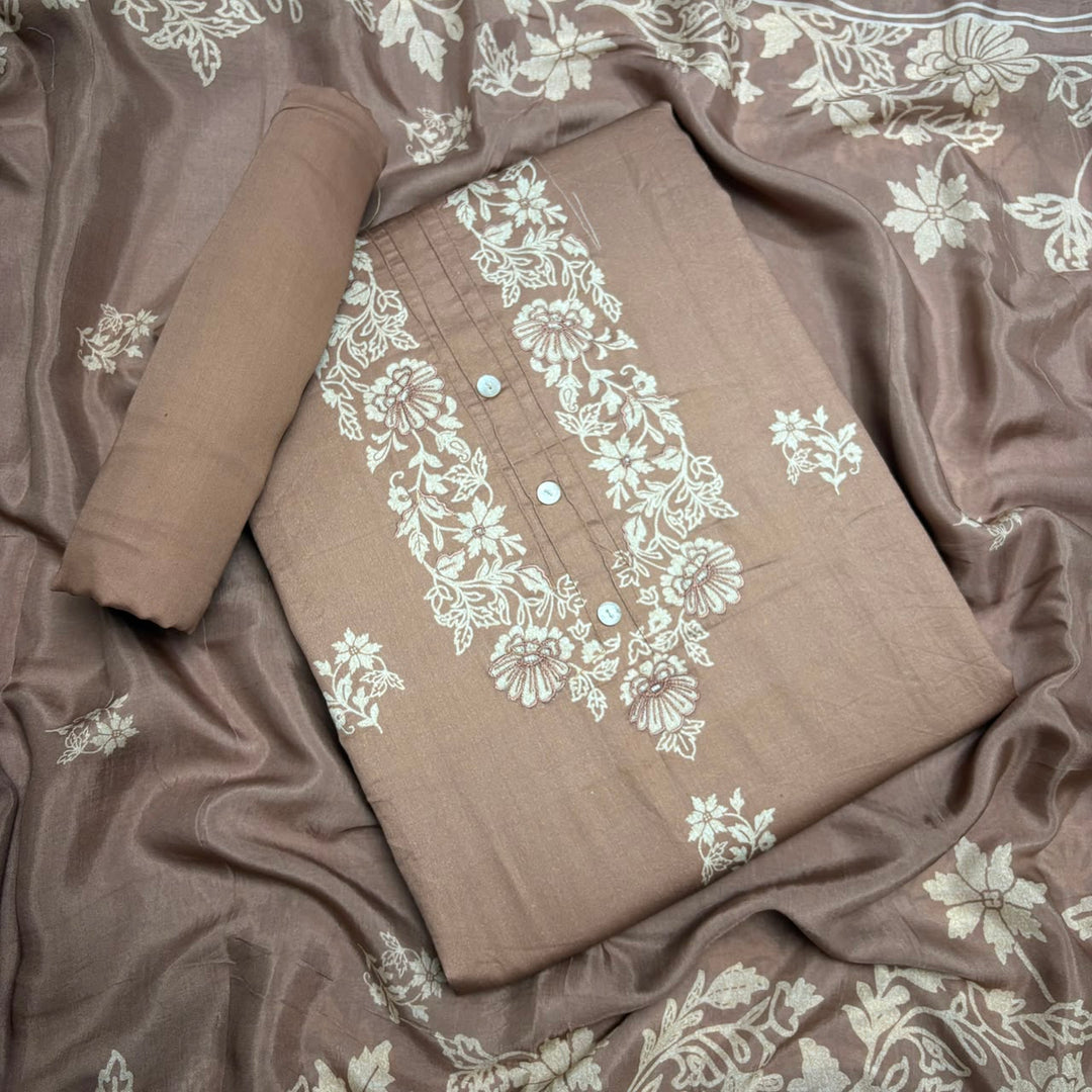 Elegant Floral Printed Modal Cotton Unstiched Suit Set With Stylish Neck Pattern - PSC801-B