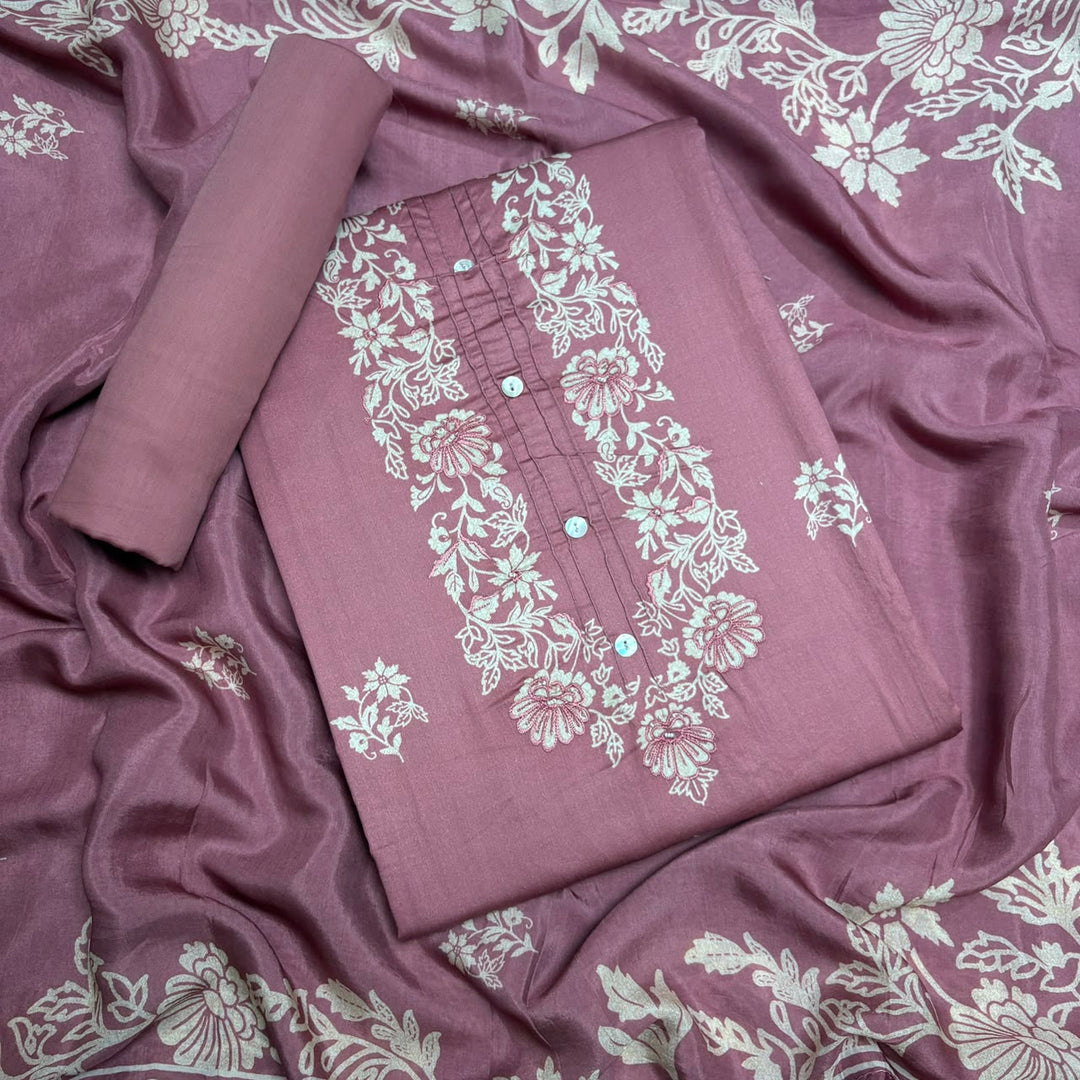 Elegant Floral Printed Modal Cotton Unstiched Suit Set With Stylish Neck Pattern - PSC801-E