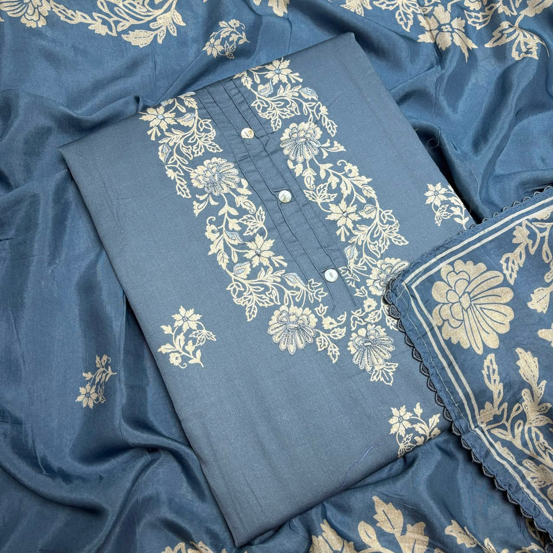 Elegant Floral Printed Modal Cotton Unstiched Suit Set With Stylish Neck Pattern - PSC801-F