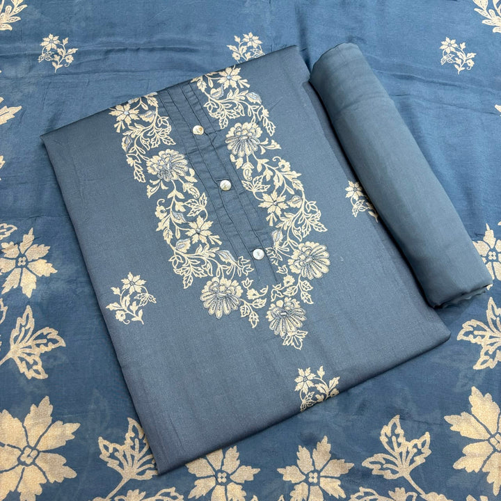 Elegant Floral Printed Modal Cotton Unstiched Suit Set With Stylish Neck Pattern - PSC801-F