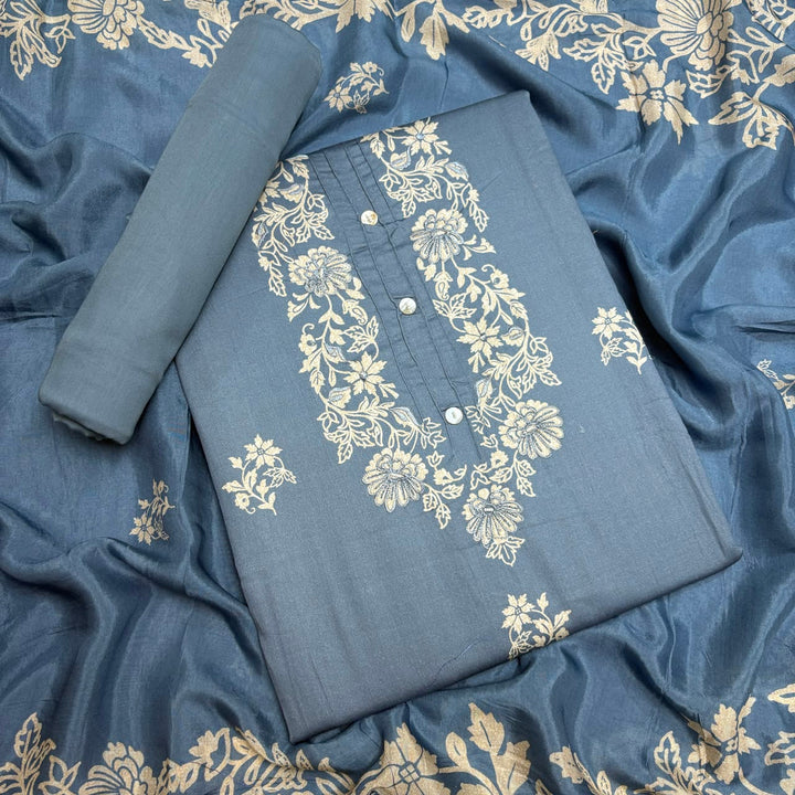 Elegant Floral Printed Modal Cotton Unstiched Suit Set With Stylish Neck Pattern - PSC801-F