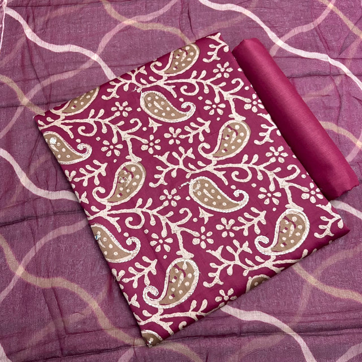 Pure Cotton Printed Unstitched Suit Set with Beautiful Aari & Mirror Work - PSC465-04