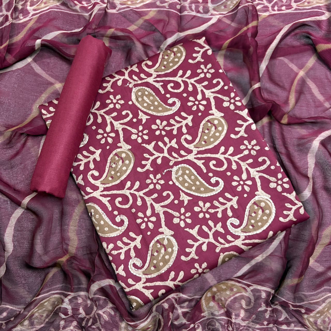 Pure Cotton Printed Unstitched Suit Set with Beautiful Aari & Mirror Work - PSC465-04