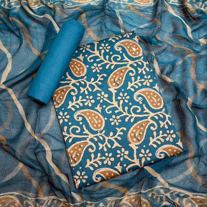 Pure Cotton Printed Unstitched Suit Set with Beautiful Aari & Mirror Work - PSC465-03