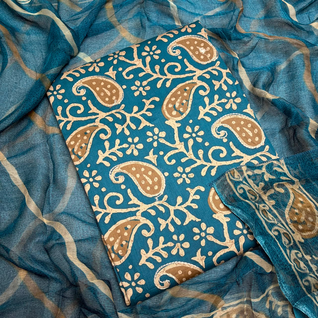 Pure Cotton Printed Unstitched Suit Set with Beautiful Aari & Mirror Work - PSC465-03