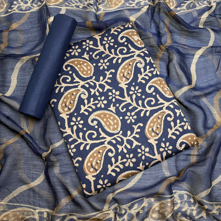 Pure Cotton Printed Unstitched Suit Set with Beautiful Aari & Mirror Work - PSC465-01