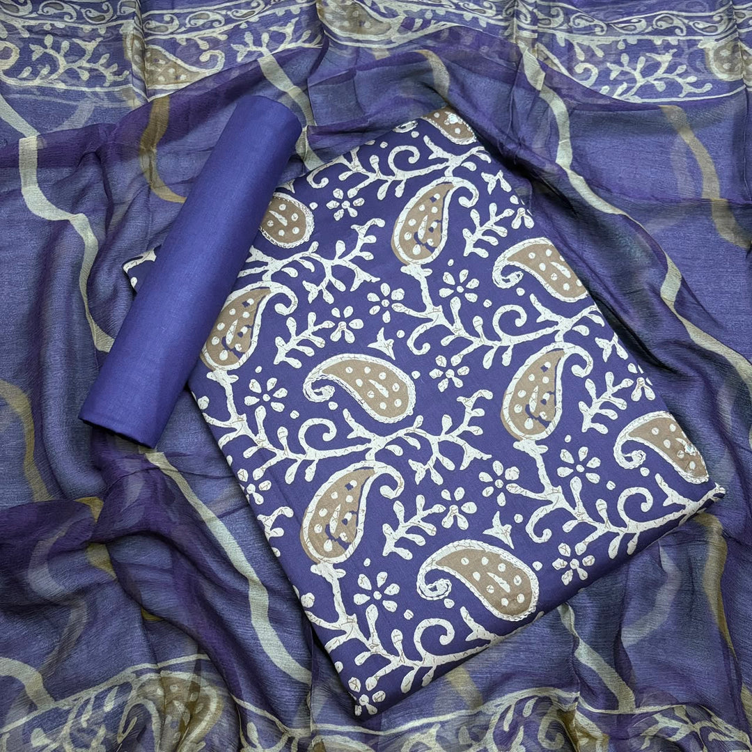 Pure Cotton Printed Unstitched Suit Set with Beautiful Aari & Mirror Work - PSC465-02