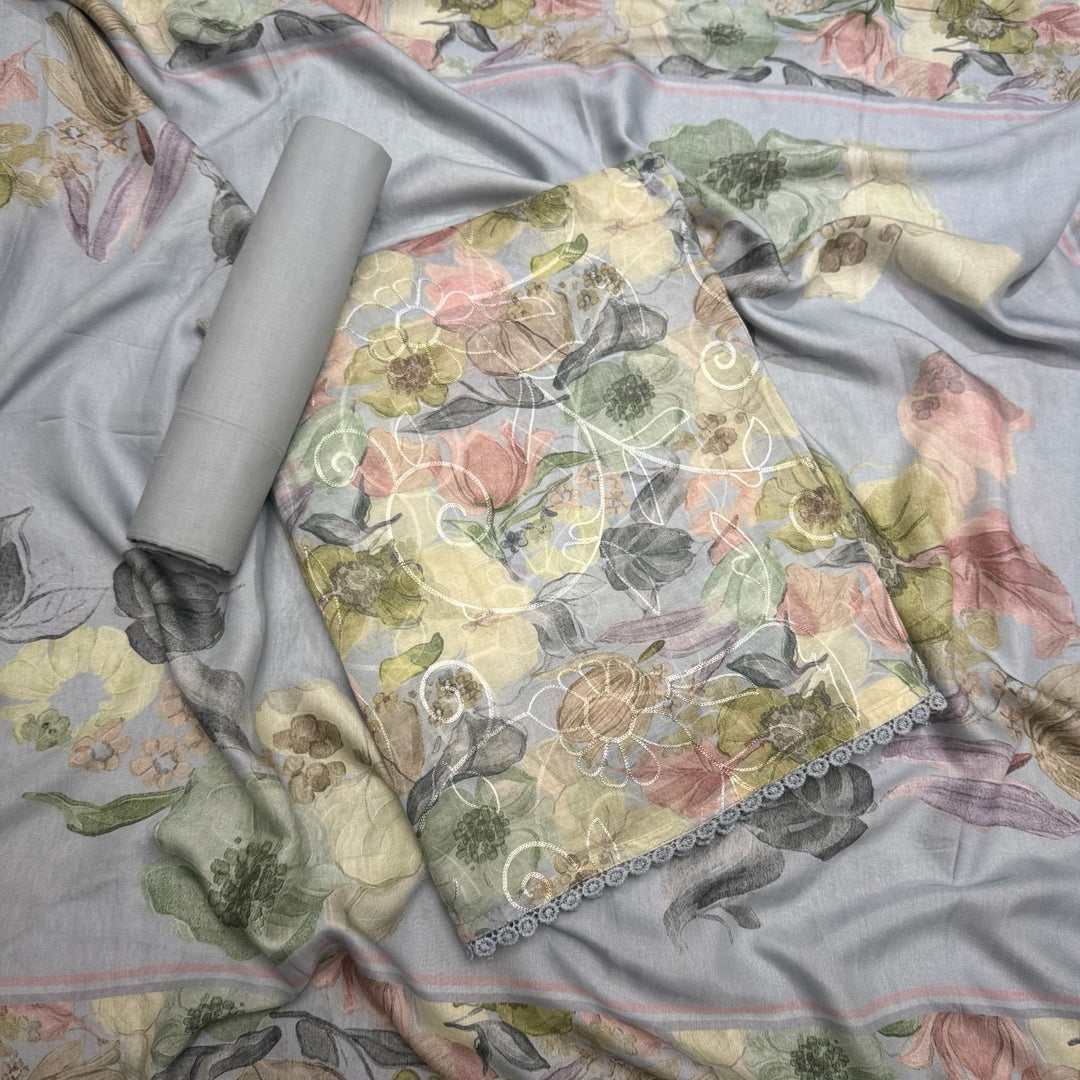 Mul Chanderi With Intricate Aari Work & Floral Print Unstitched Suit Set - PSC463-1
