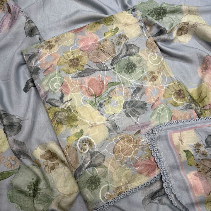Mul Chanderi With Intricate Aari Work & Floral Print Unstitched Suit Set - PSC463-1