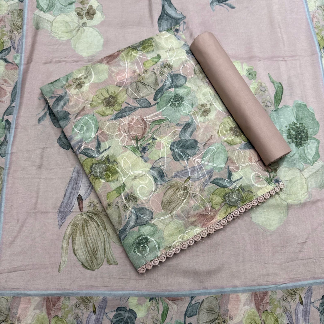 Mul Chanderi With Intricate Aari Work & Floral Print Unstitched Suit Set - PSC463-2