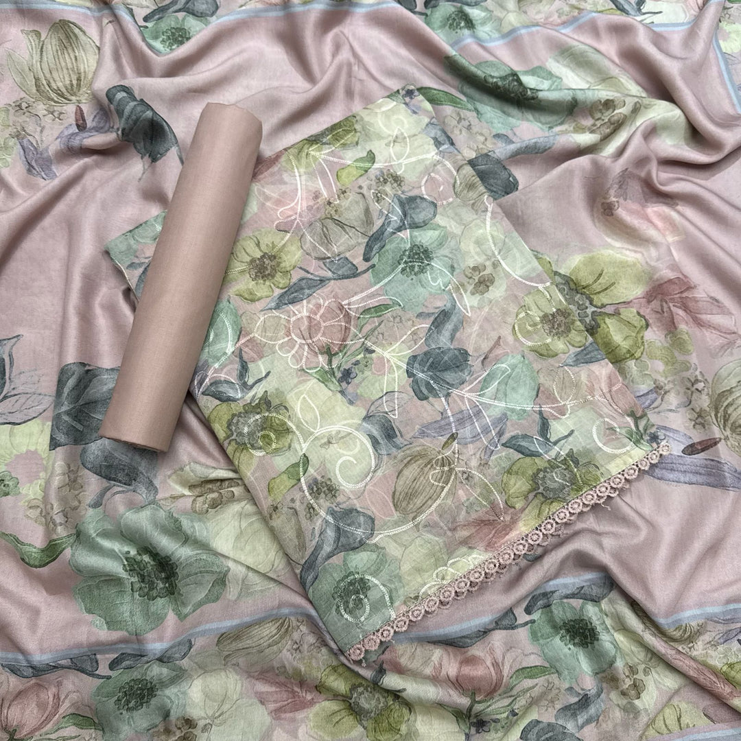 Mul Chanderi With Intricate Aari Work & Floral Print Unstitched Suit Set - PSC463-2