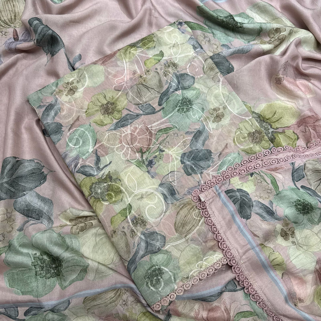 Mul Chanderi With Intricate Aari Work & Floral Print Unstitched Suit Set - PSC463-2