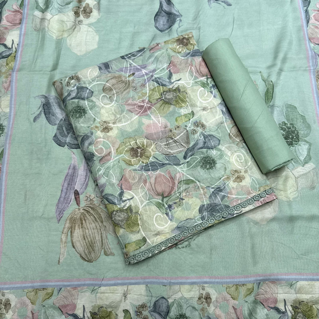 Mul Chanderi With Intricate Aari Work & Floral Print Unstitched Suit Set - PSC463-4