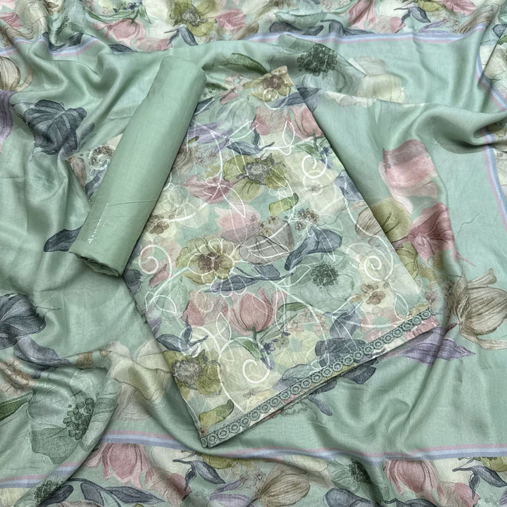 Mul Chanderi With Intricate Aari Work & Floral Print Unstitched Suit Set - PSC463-4