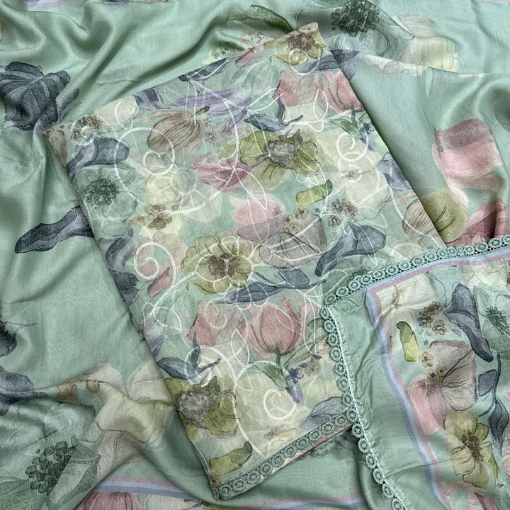 Mul Chanderi With Intricate Aari Work & Floral Print Unstitched Suit Set - PSC463-4
