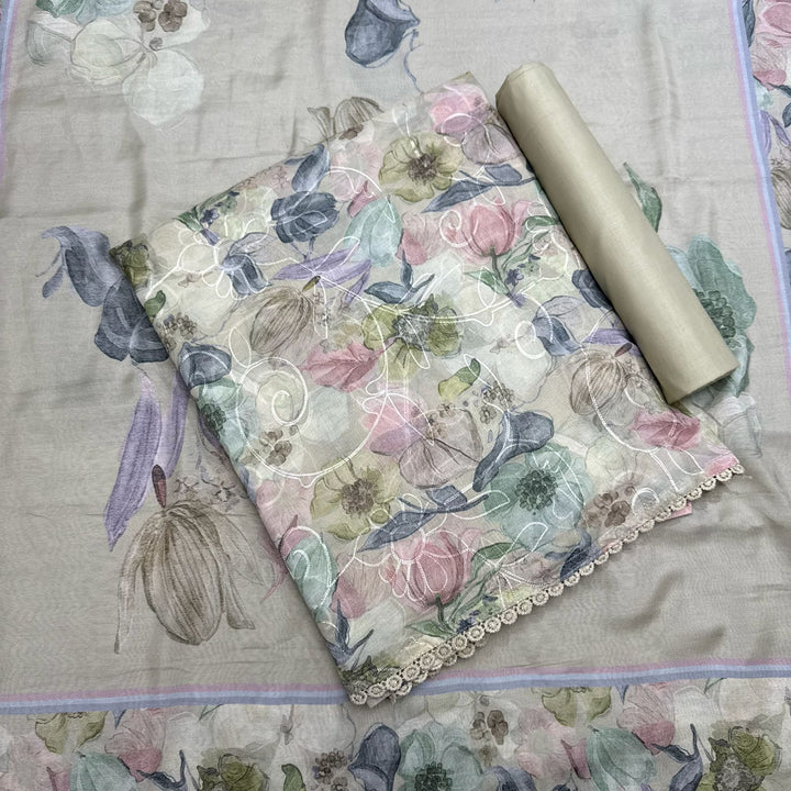 Mul Chanderi With Intricate Aari Work & Floral Print Unstitched Suit Set - PSC463-3
