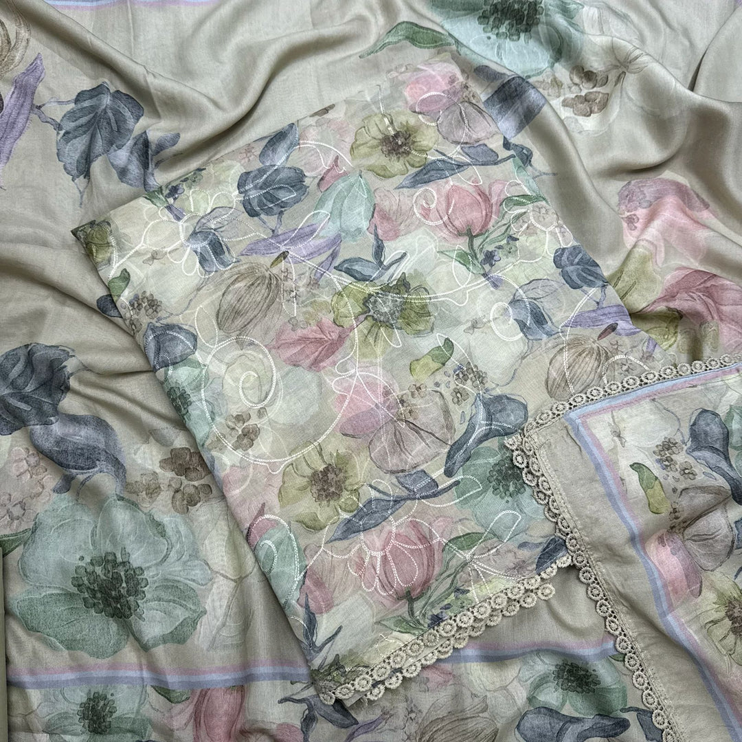 Mul Chanderi With Intricate Aari Work & Floral Print Unstitched Suit Set - PSC463-3