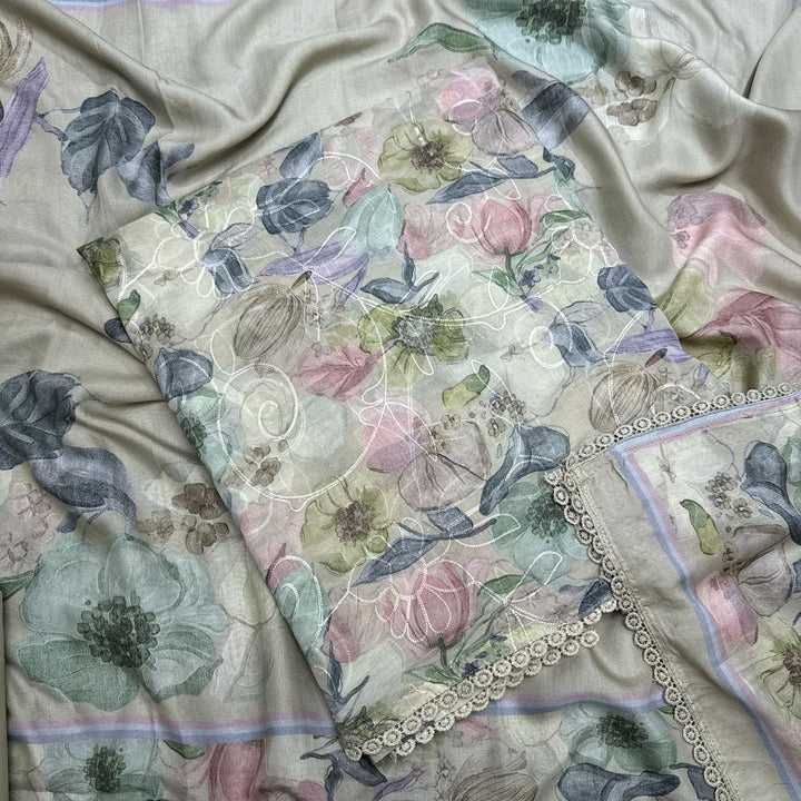 Mul Chanderi With Intricate Aari Work & Floral Print Unstitched Suit Set - PSC463-3