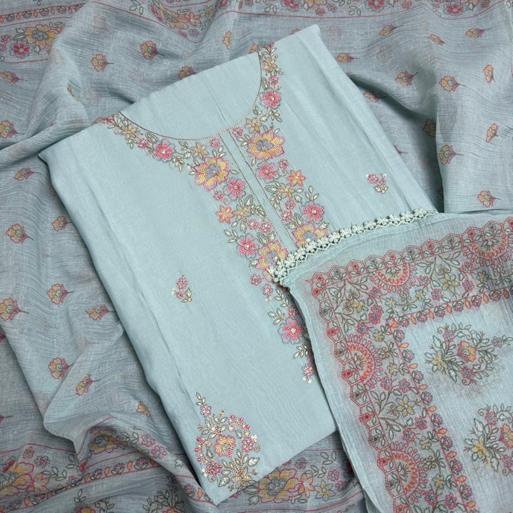 Muslin Fabric With Multicolor Thread Embroidey Unstiched Suit Set - PS1601-A