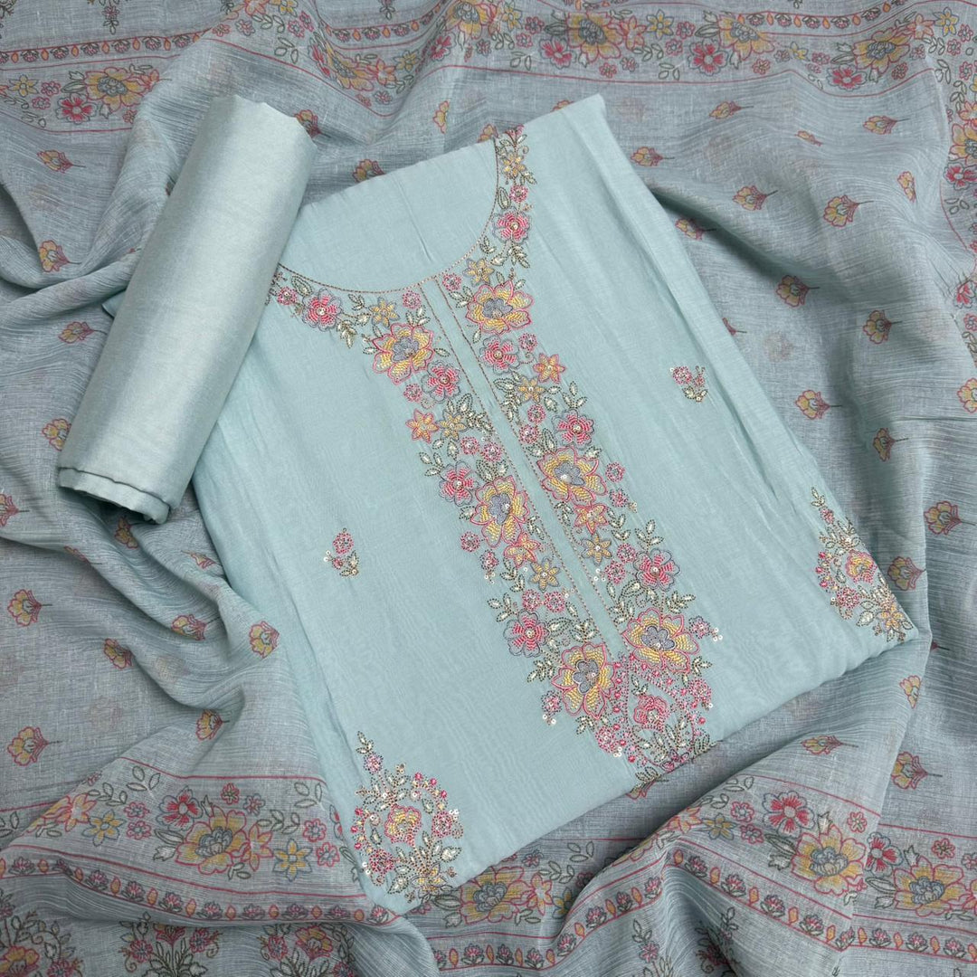 Muslin Fabric With Multicolor Thread Embroidey Unstiched Suit Set - PS1601-A