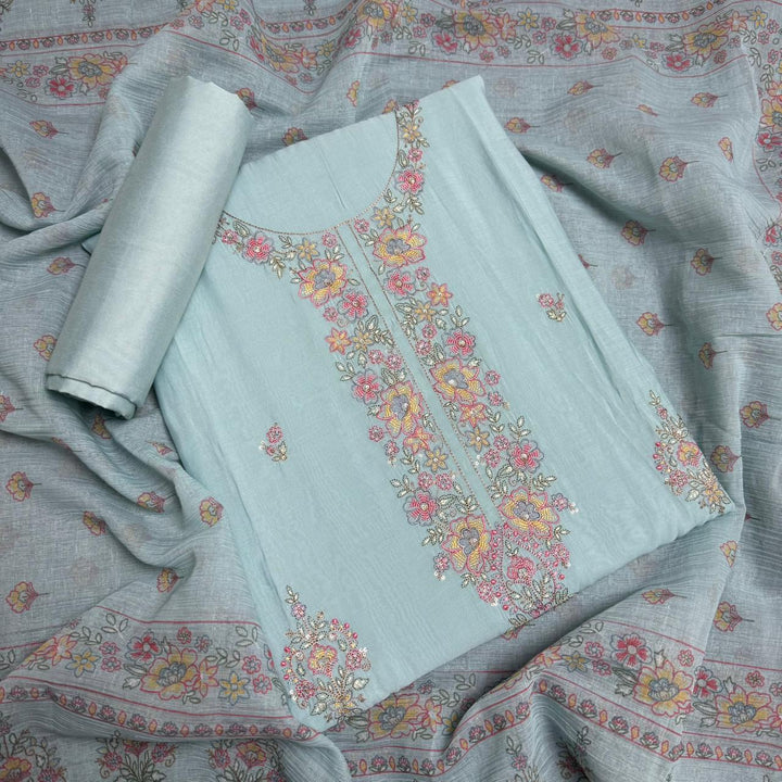 Muslin Fabric With Multicolor Thread Embroidey Unstiched Suit Set - PS1601-A