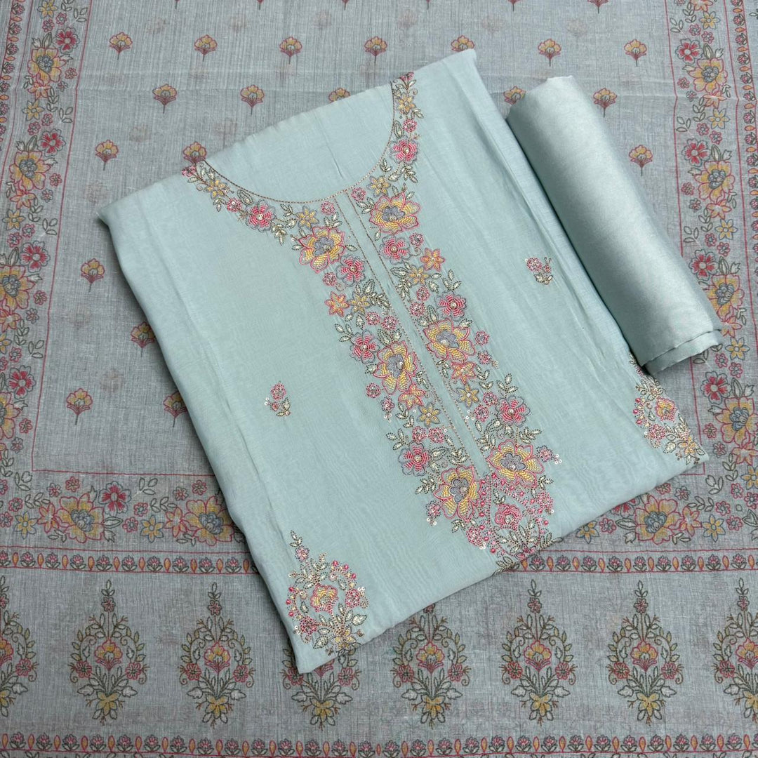 Muslin Fabric With Multicolor Thread Embroidey Unstiched Suit Set - PS1601-A
