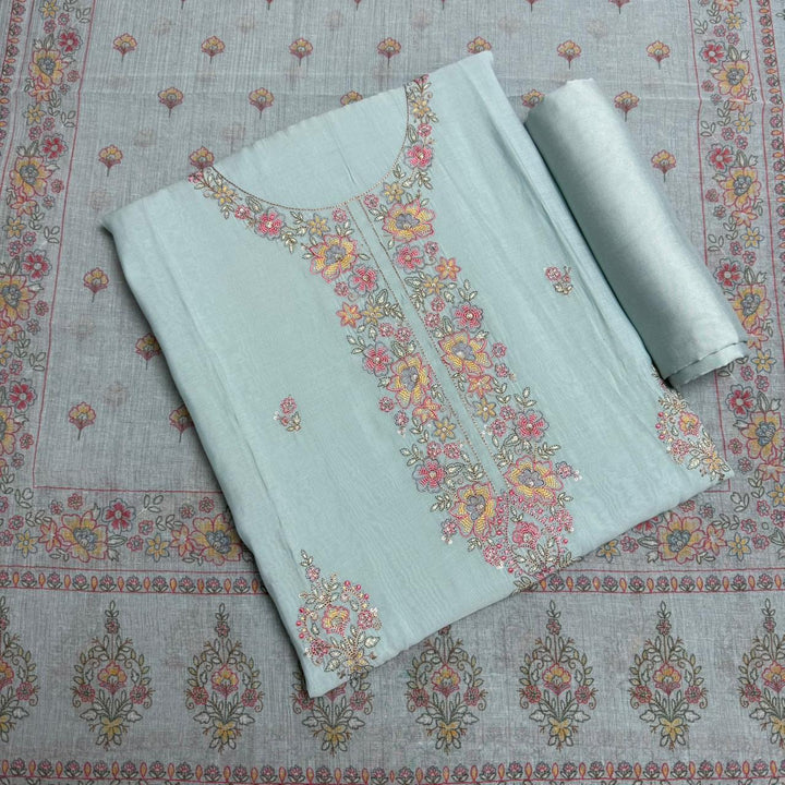Muslin Fabric With Multicolor Thread Embroidey Unstiched Suit Set - PS1601-A