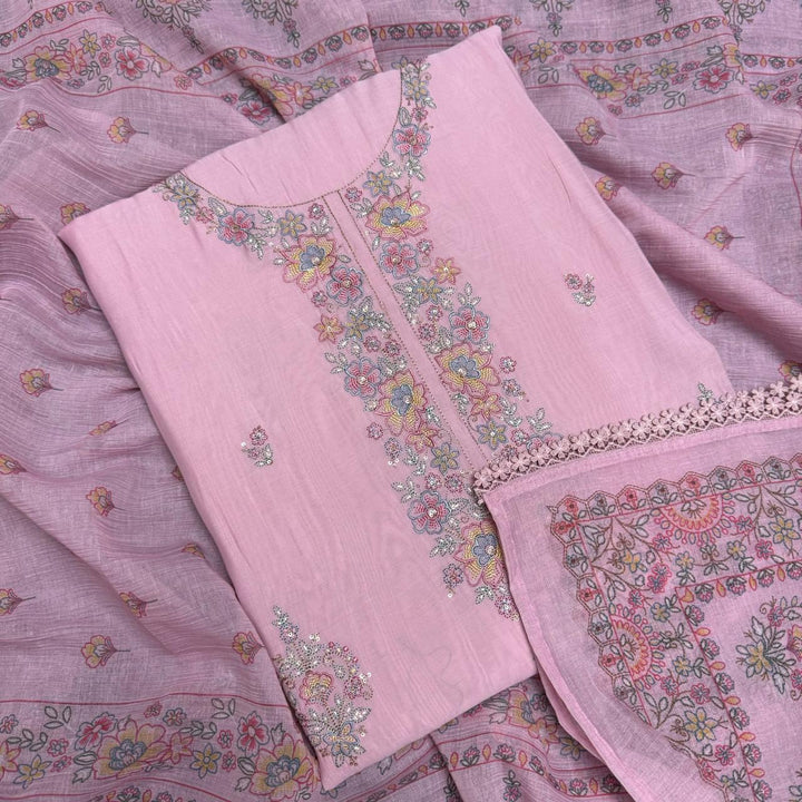 Muslin Fabric With Multicolor Thread Embroidey Unstiched Suit Set - PS1601-B