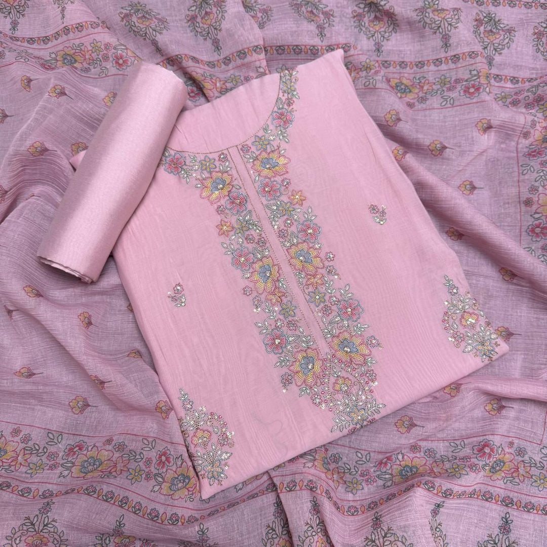 Muslin Fabric With Multicolor Thread Embroidey Unstiched Suit Set - PS1601-B