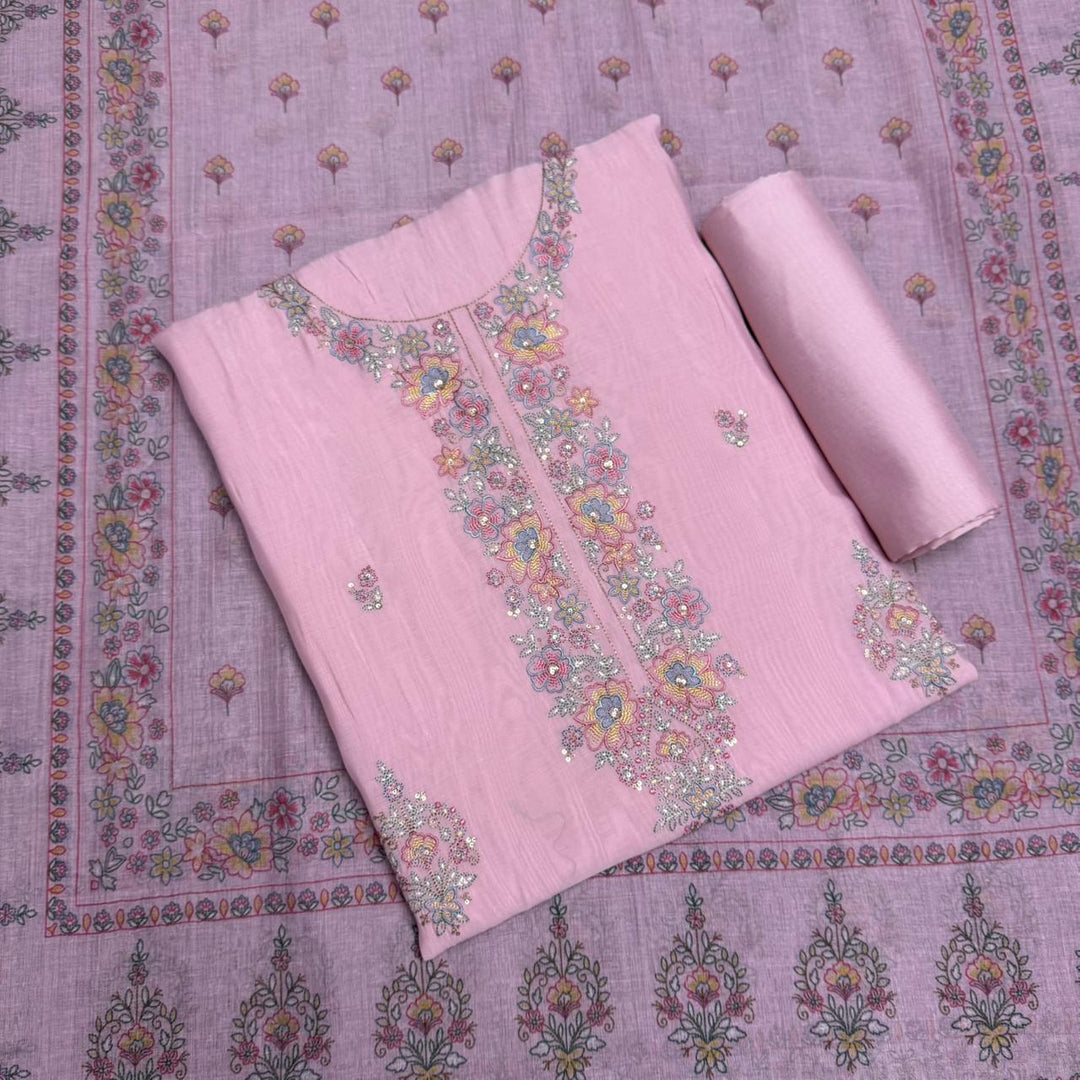 Muslin Fabric With Multicolor Thread Embroidey Unstiched Suit Set - PS1601-B