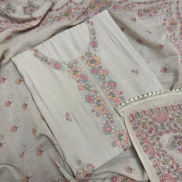 Muslin Fabric With Multicolor Thread Embroidey Unstiched Suit Set - PS1601-C