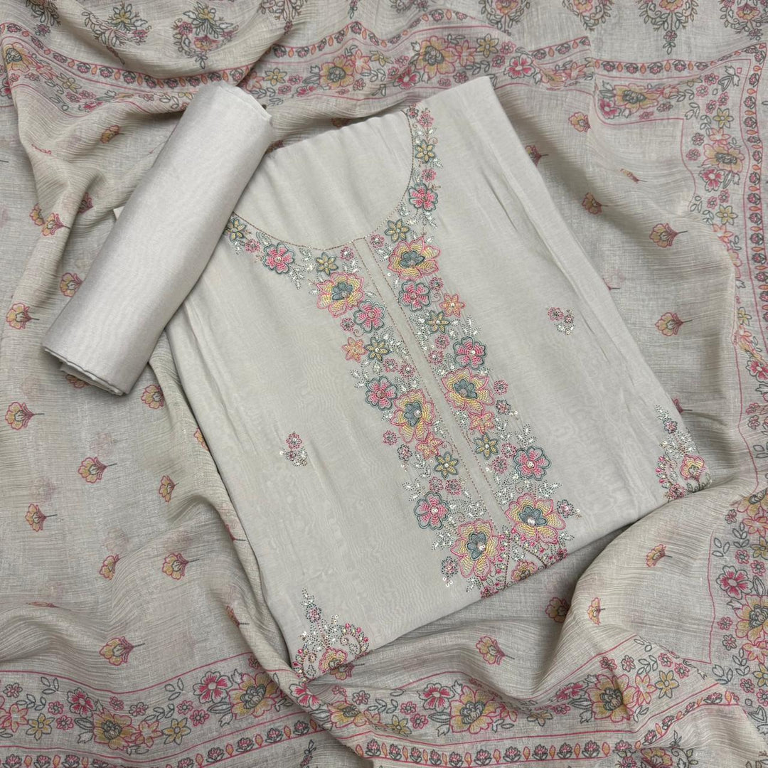 Muslin Fabric With Multicolor Thread Embroidey Unstiched Suit Set - PS1601-C