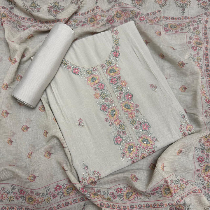 Muslin Fabric With Multicolor Thread Embroidey Unstiched Suit Set - PS1601-C