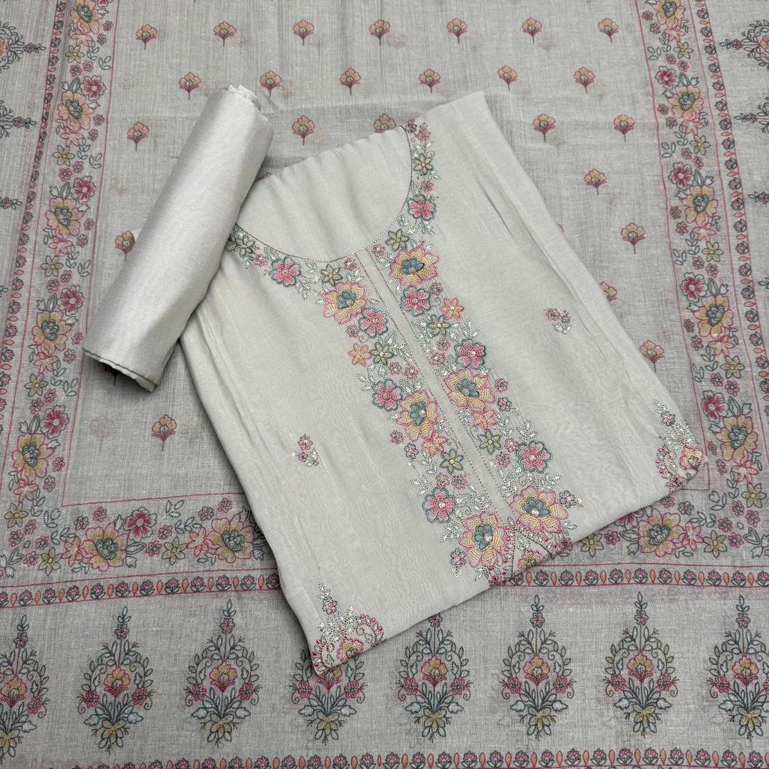 Muslin Fabric With Multicolor Thread Embroidey Unstiched Suit Set - PS1601-C