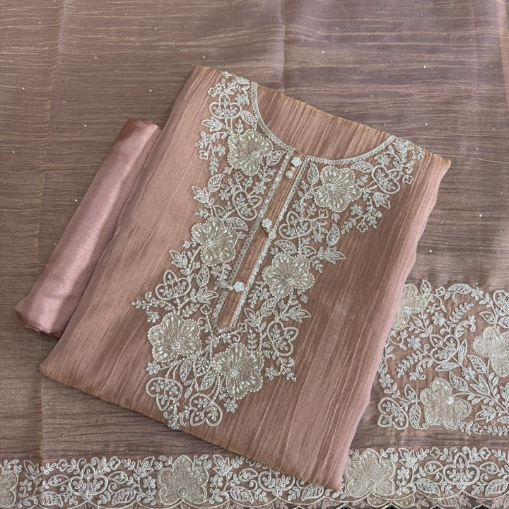 Elegant Crush Tissue Embroidered Unstitched Suit Set With Cutdana & Pearl Work - RA15496-01