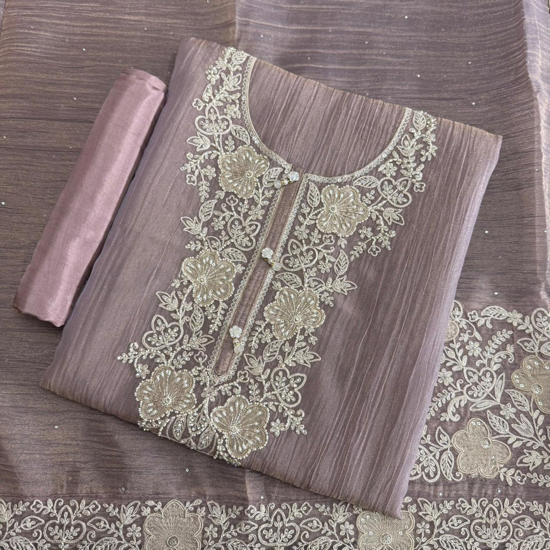 Elegant Crush Tissue Embroidered Unstitched Suit Set With Cutdana & Pearl Work - RA15496-02