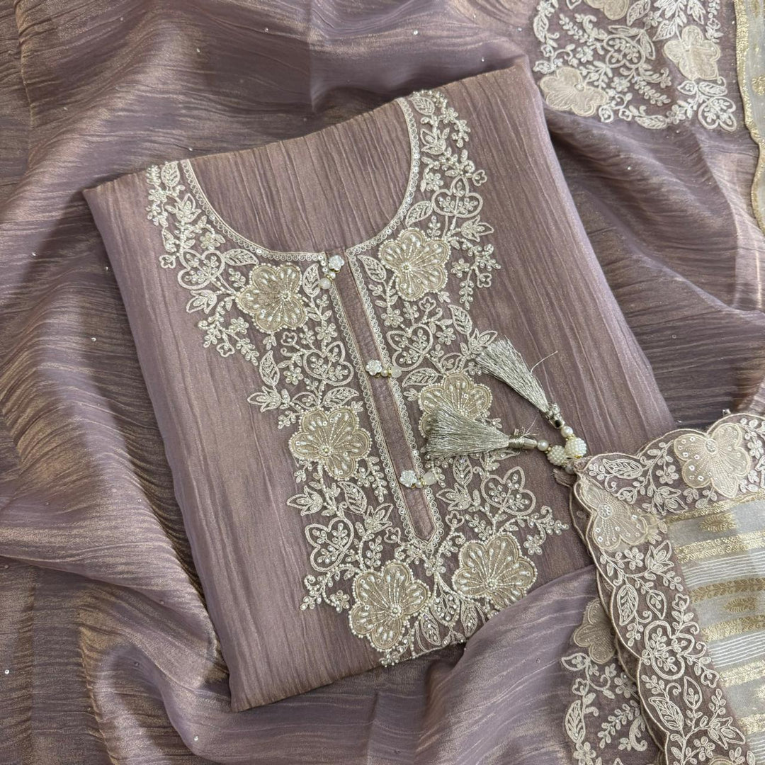 Elegant Crush Tissue Embroidered Unstitched Suit Set With Cutdana & Pearl Work - RA15496-02