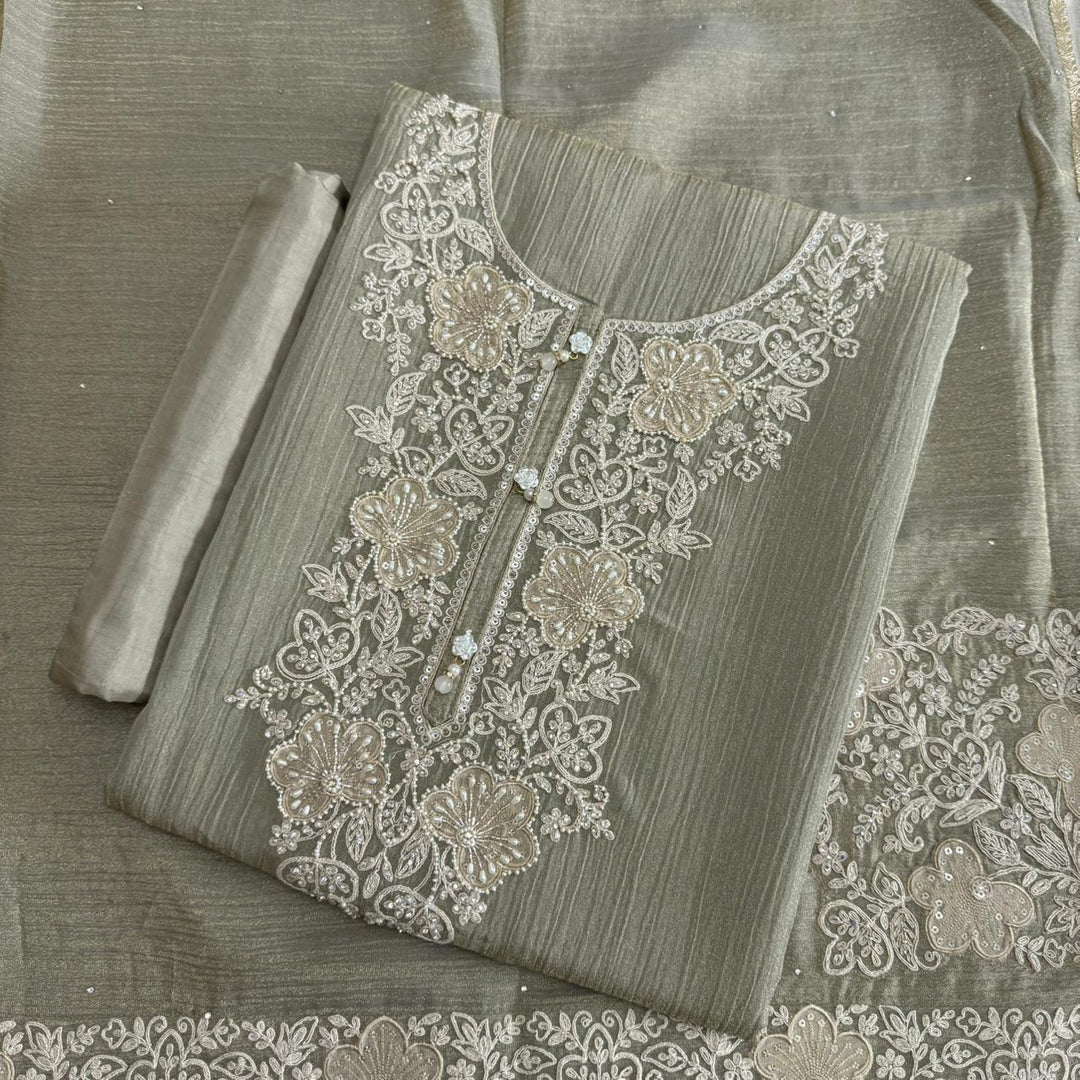 Elegant Crush Tissue Embroidered Unstitched Suit Set With Cutdana & Pearl Work - RA15496-03