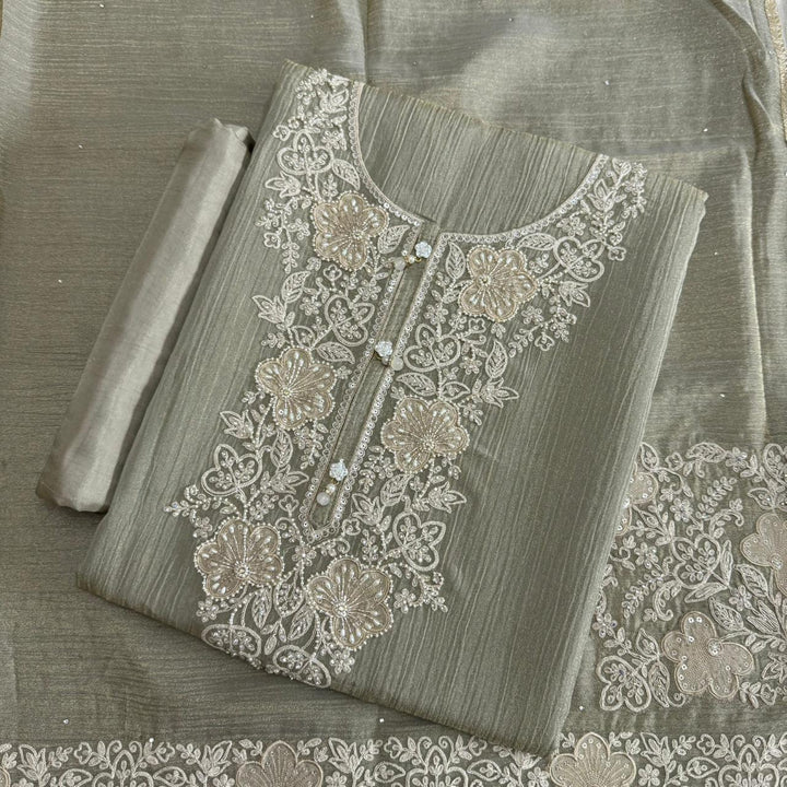 Elegant Crush Tissue Embroidered Unstitched Suit Set With Cutdana & Pearl Work - RA15496-03