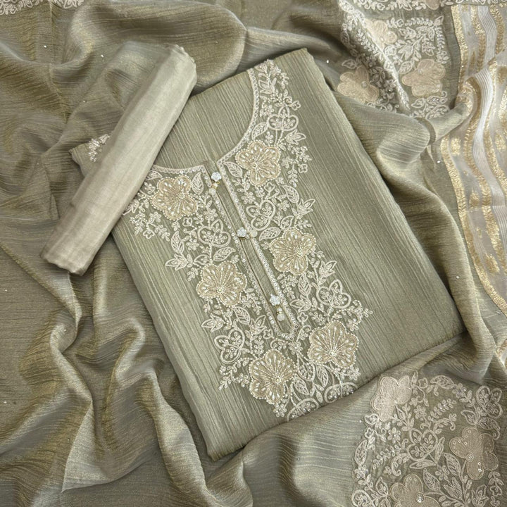 Elegant Crush Tissue Embroidered Unstitched Suit Set With Cutdana & Pearl Work - RA15496-03