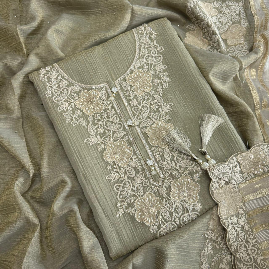 Elegant Crush Tissue Embroidered Unstitched Suit Set With Cutdana & Pearl Work - RA15496-03