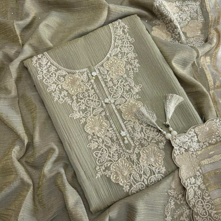 Elegant Crush Tissue Embroidered Unstitched Suit Set With Cutdana & Pearl Work - RA15496-03