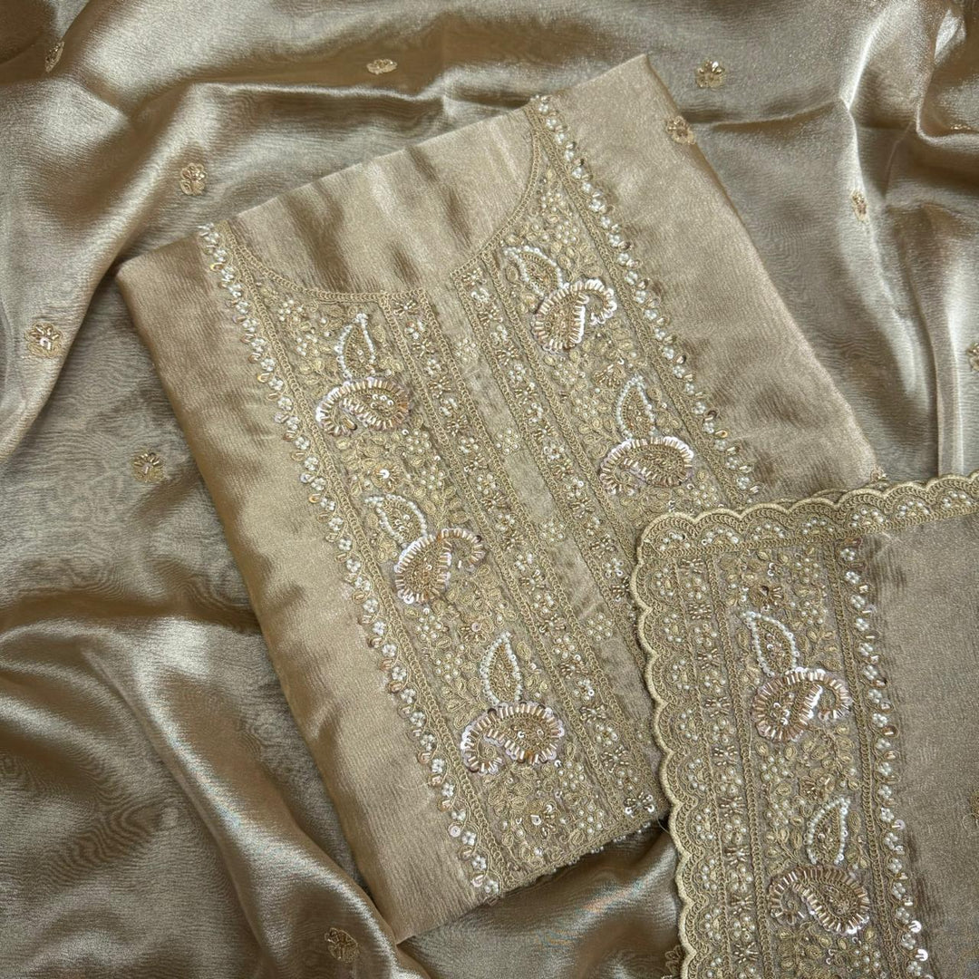 Premium Crush Tissue Cut Dana, Pearl & Thread Embroidery Unstitched Suit Set - R11396-02