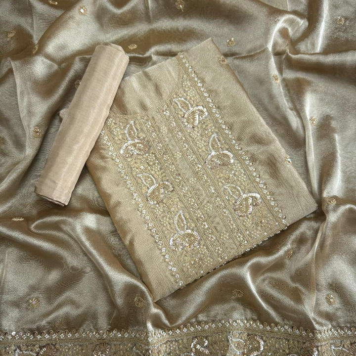 Premium Crush Tissue Cut Dana, Pearl & Thread Embroidery Unstitched Suit Set - R11396-02