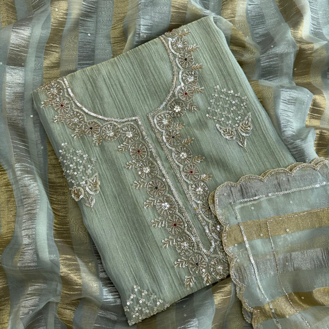 Elegant Crush Tissue Sequins & Cut Dana Work Unstitched Suit Set - R11320-1